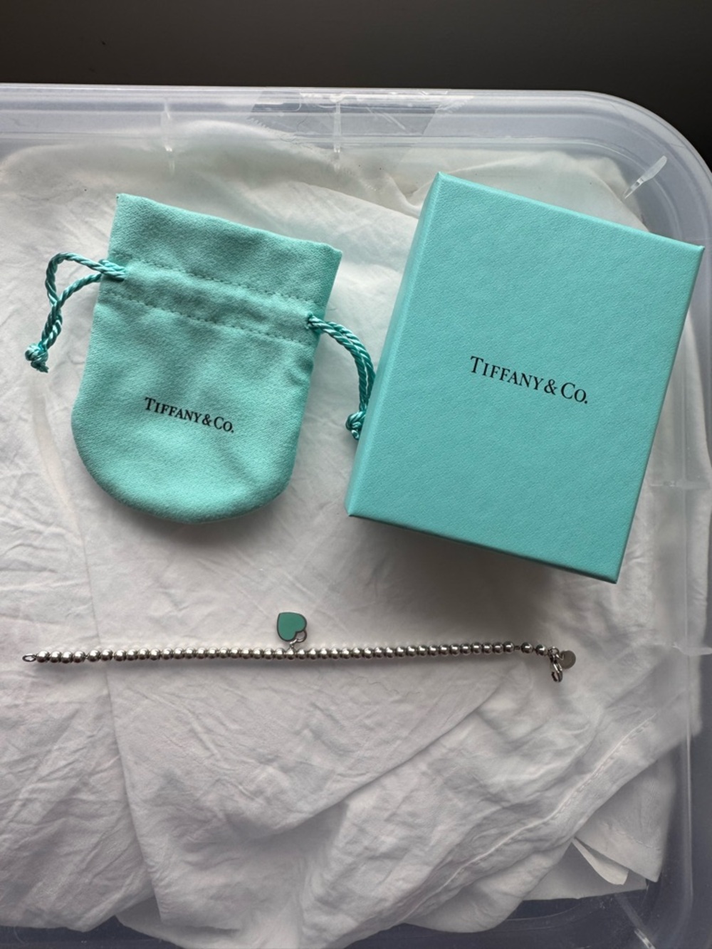 Tiffany & Co. Sterling Silver Bead Bracelet with Tiffany Blue Heart Charm